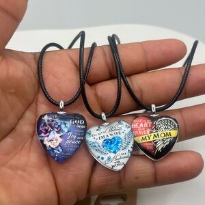 Handmade Heart Pendant Necklace Trio - Blue, White, Black Heart Charms